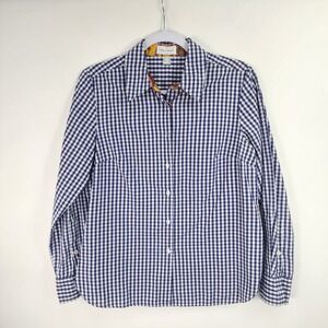 Peter Hahn Top Women's 8 Navy White Gingham Contrast Cuff Snap Up Front